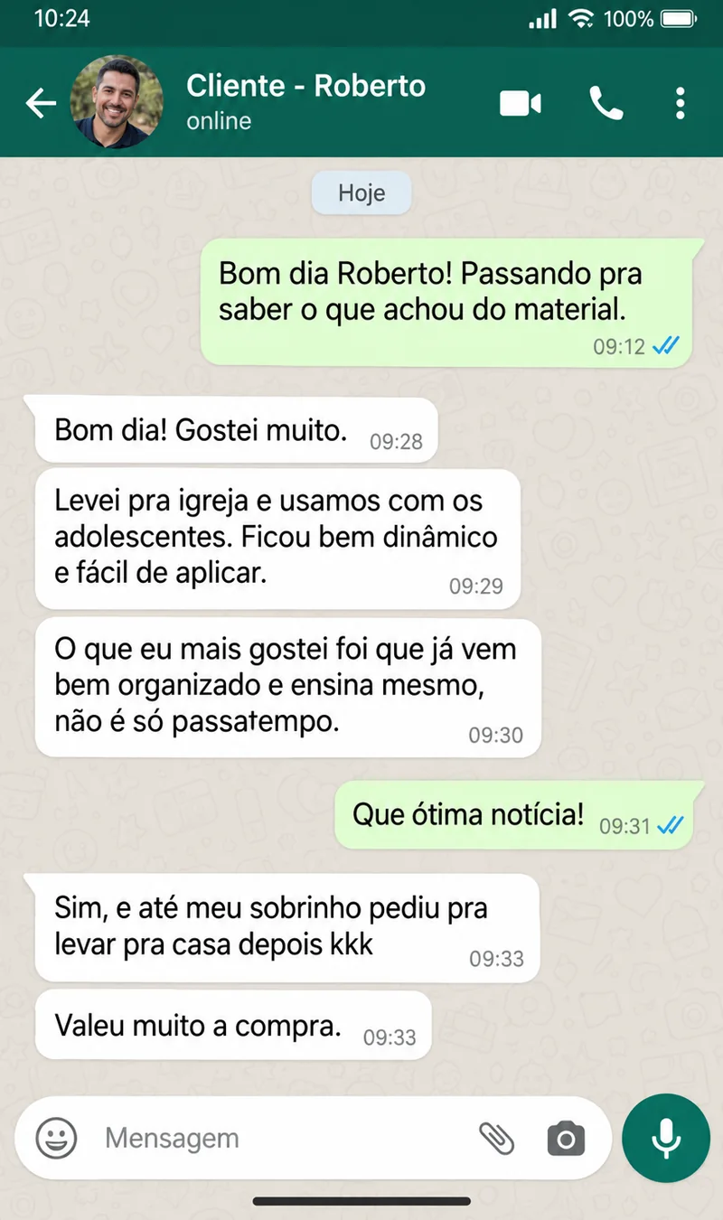 Mensagem de cliente — cliente usou o material com os adolescentes da igreja
